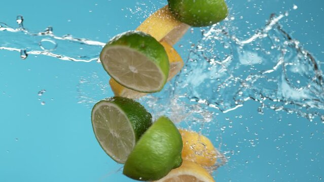 Lemons and Limes splashing in slow motion on blue background