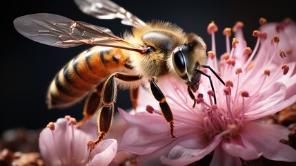 A close-up photograph of a solitary honeybee hovering near a colorful blossom.
