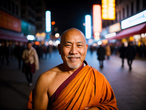 Digital portrait of a Tibetan monk prays and meditation with a cheerful smile on the night street of a big city - Powered by Adobe