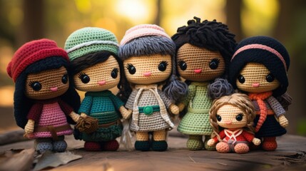 An endearing scene showcasing a lineup of soft, knitted dolls princesses. 
