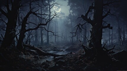 Obraz premium An unsettling and photorealistic scene of a dense, dark forest at dusk, where gnarled trees and tangled branches. 