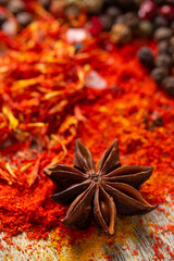 anise star and variety of spices at table background. Cooking food ingredients