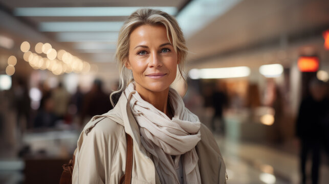 Elegant Scandinavian middle aged woman at shopping center. 