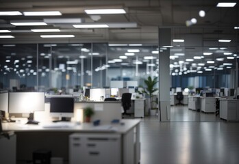 Blurred office workspace interior at night