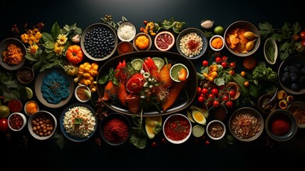 Top view over food banquet bright background