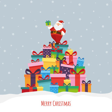 Merry Christmas - Geschenkkarte, Weihnachtsmann steht auf bunten Geschenken, Vektor