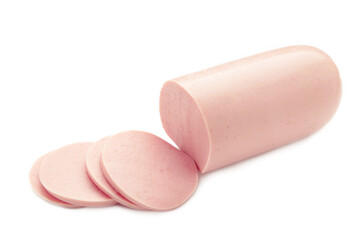Sliced boiled pork sausage isolated on white background.