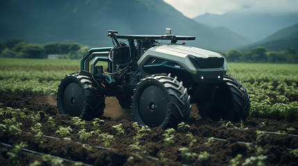 An autonomous tractor equipped with advanced agricultural robotics plows a field, using digital...
