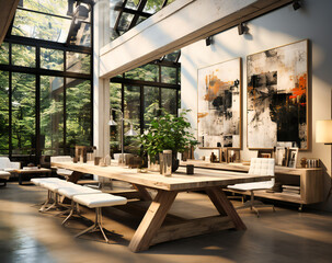 white coffered wooden tables in an industrial workspace