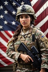 An American woman soldier in uniform, with a weapon and the American flag in the background