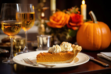 Piece of pumpkin pie revealing a rich golden spiced filling is elegantly served on a rustic wooden table with wine