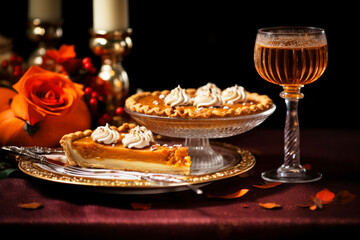 Half cut pumpkin pie revealing a rich golden spiced filling is elegantly served on a rustic wooden table 