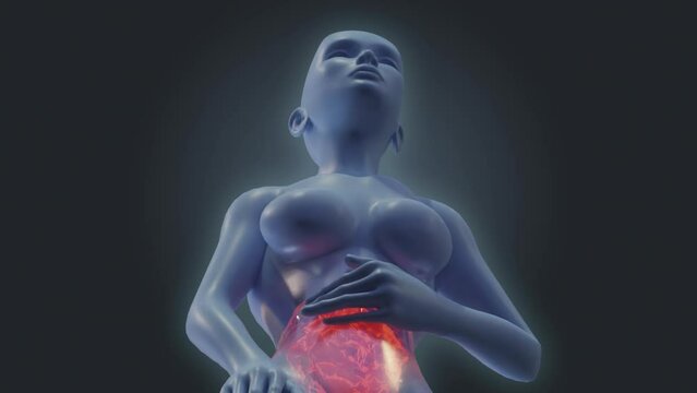 Stomach pain 3D render visualization of semitransparent woman body gestures and pain spot
