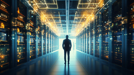 Cloud service engineer standing in front of a digital technology data center in server room. IT Engineer in big database server center office