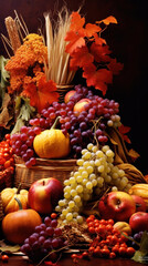 Naklejka na ściany i meble Thanksgiving day fall still life with pumpkins, corns and grapes, vertical orientation