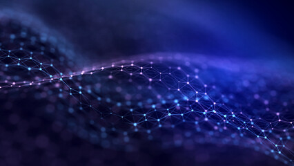 Abstract glitter particles in dark space. Network data transfer concept. 3D rendering.