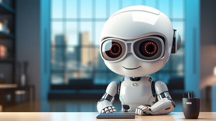 A white AI robot assistant mascot working in front of blank computer screen. White office in the background. Computer screen mockup with blank empty space.