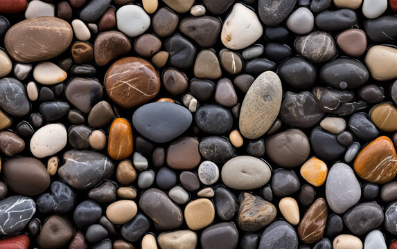 River rocks or stones in a seamless tiled pattern. Naturally polished and rounded river pebbles repeating background.