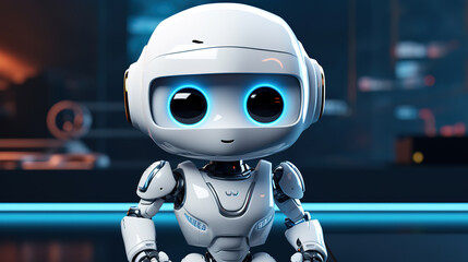 A white AI robot assistant mascot working in front of blank computer screen. White office in the background. Computer screen mockup with blank empty space.