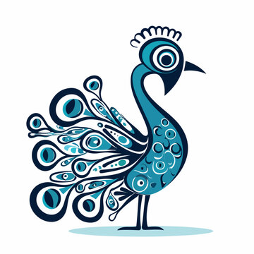 Peacock in logo, icon style. 2d cute vector illustration in cartoon, doodle style.