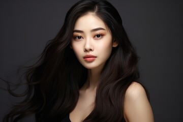 Fototapeta premium Beautiful asian woman with long straight hair on black background Generative AI.