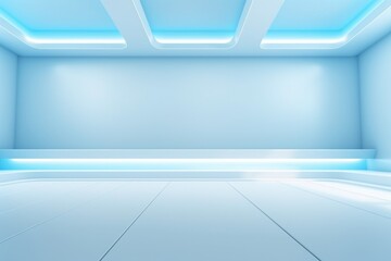 Empty room with podium, light blue walls and lights Generative AI