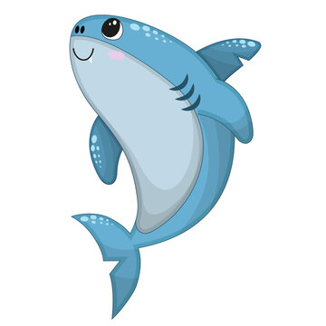 Vector illustration of cartoon cute happy shark jumping for design element. Funny sea animal on a white background.