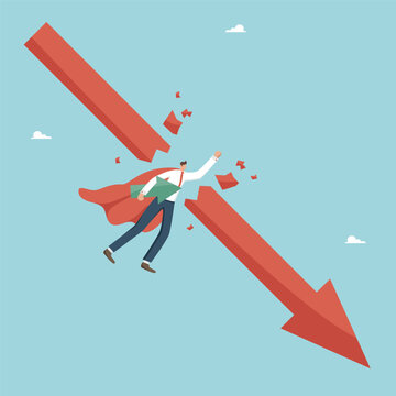 Ways to overcome difficulties, counteracting the economic crisis, strategies for maintaining business profitability in a market downturn, exiting bankruptcy, man flies and breaks arrow falling down.