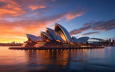 Panoramic view of Sydney Opera House at sunset.