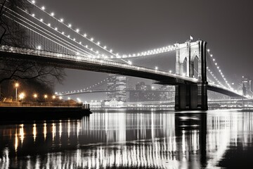Fototapeta na wymiar Brooklyn Bridge at night in lights. Black and white landscape of New York. Generative AI