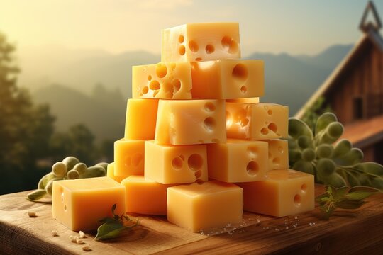 Pieces of yellow swiss cheese with holes on a wooden board. Generative AI