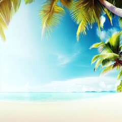 Fototapeta na wymiar Beautiful tropical beach banner. White sand and coco palms travel tourism wide panorama background