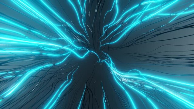 Abstract 3D neon background. Flying through lightning tunnel. Blue energy electricity cables. Streams of data. Connection concept. Seamless loop animation. 4K 30 fps video