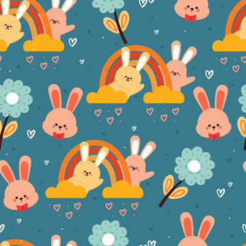 seamless pattern cartoon bunny, flower and sky element. cute animal wallpaper for textile, gift wrap paper