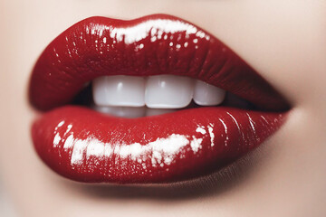 Obraz premium Female lips. Lipstick on lips close-up. Lip gloss. Selective focus. AI generated