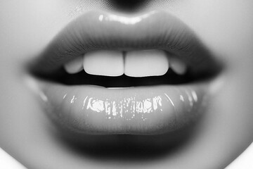Women's lips. BW lip gloss. Lipstick on lips close-up. Selective focus. AI generated