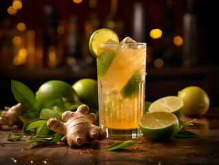 Fresh cocktail prepared with ginger beer, lime and ice . Ai Generative © Dennis