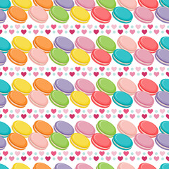 Vector seamless pattern with colorful macaroon cookies, french biscuits, hearts