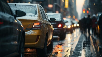 A winter snowstorm brings traffic and pedestrians to a slow crawl at New York. Traffic in Manhattan New York City - obrazy, fototapety, plakaty