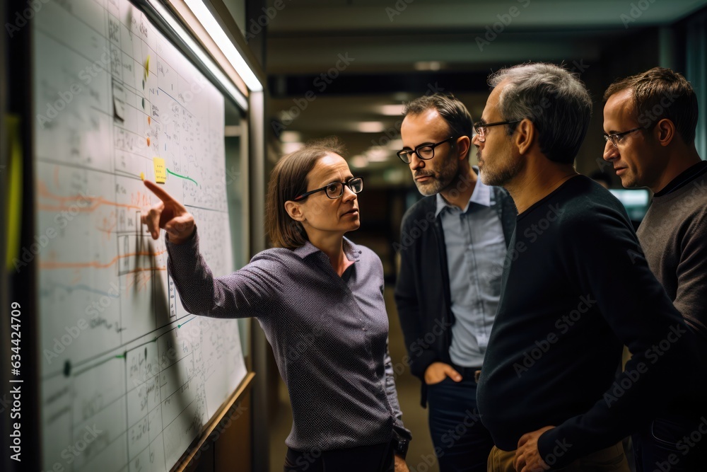 Poster researchers deep in whiteboard conversation, notes and diagrams a testament to teamwork