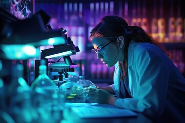 retro-futuristic lab: female scientist at a microscope, vibrant neon lights enhancing the ambiance.