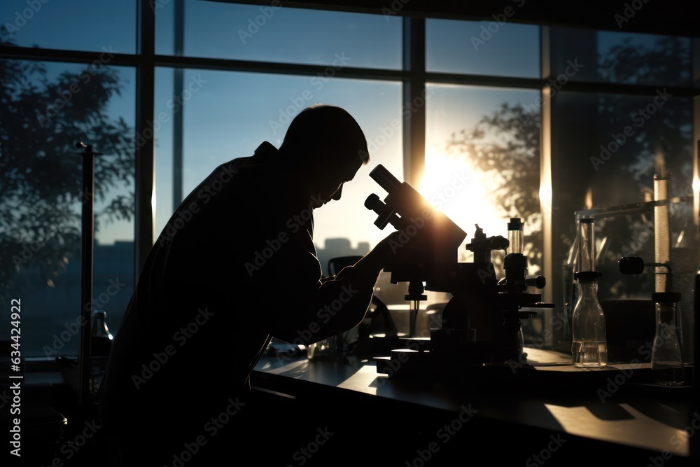 Poster scientist silhouette against a bright window, focusing on the microscope in laboratory