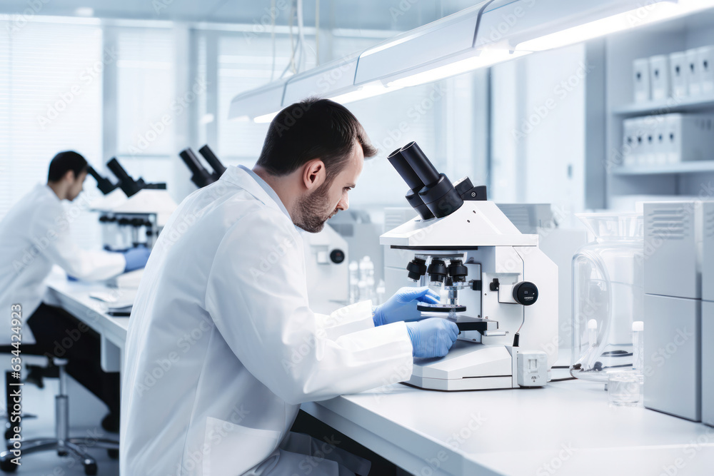 Poster scientist intently studies at minimalist microscope in a pristine laboratory, focused research