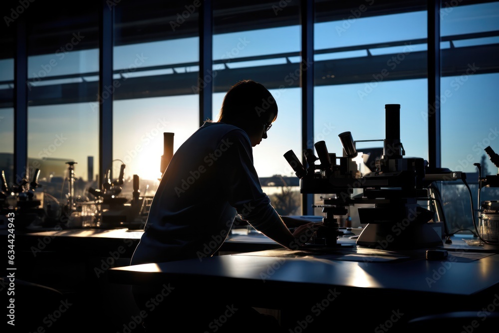Poster Silhouetted scientist by a window, absorbed in microscope work in a lab with a scenic outside view