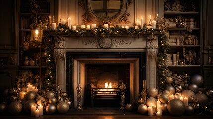 fireplace with christmas decorations - obrazy, fototapety, plakaty