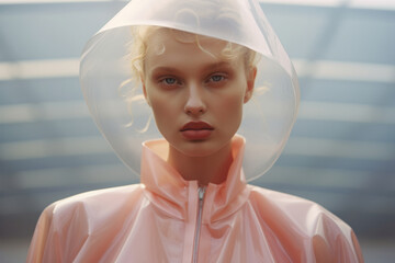 A beautiful portrait of a woman wearing a pink raincoat and a plastic hood captures the fashion and...