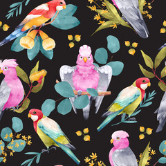 Cockatoo Parrot seamless pattern with eucalyptus leaves and flowers. Australian tropical animal and plant hand drawn illustration for fabric, wrapping, wallpaper, textile, apparel