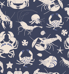 Seamless vector pattern with animals under water. Crab, shrimp, lobster, crayfish on blue background. Hand drawing sketch illustration for kitchen cover, fabric, wallpaper or wrapping paper