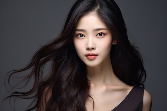 Beautiful asian woman with long straight hair on black background Generative AI.
