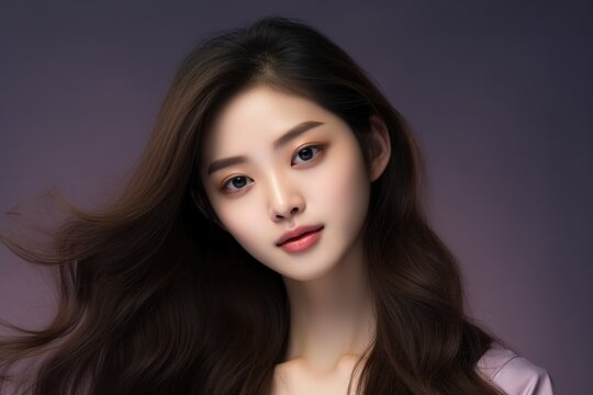 Beautiful asian woman with long straight hair on black background Generative AI.